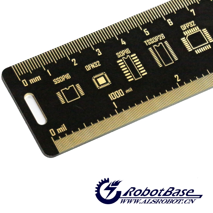 PCB直尺除了測(cè)量毫米和英寸尺寸的基本功能，它還集成了用于PCB設(shè)計(jì)的量角儀、器件、IC引腳間距對(duì)照表、電阻電容貼片封裝、常用的鉆孔直徑參考、線寬尺寸參考等功能。