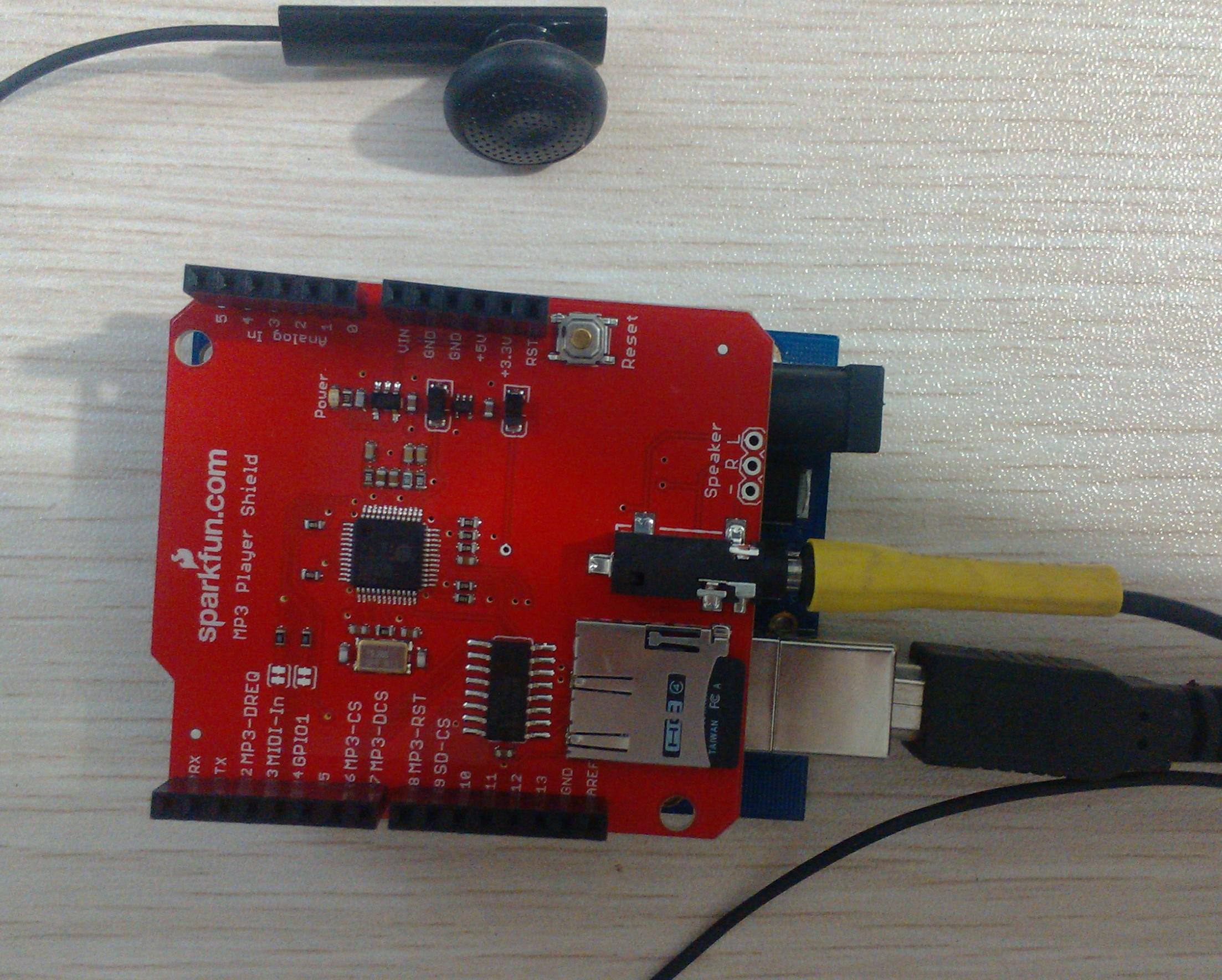 MP3 Player Shield與Arduino實(shí)物連接圖